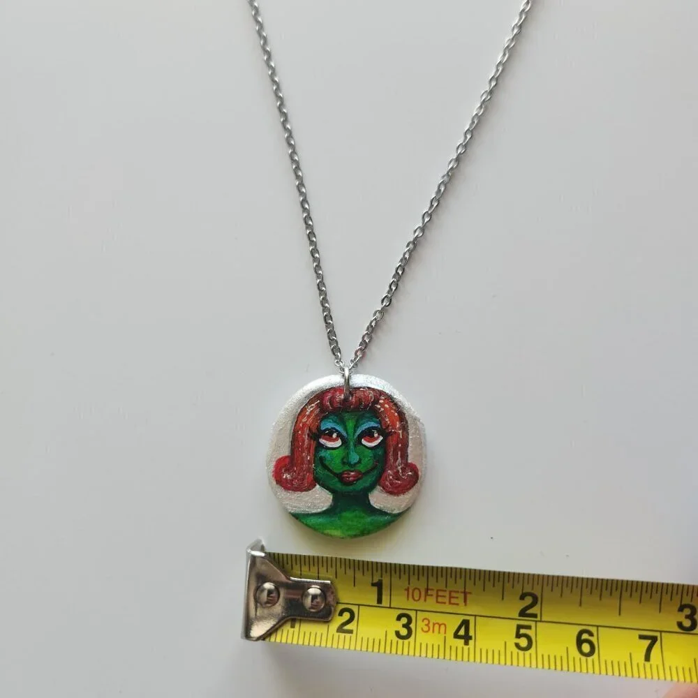 Unique colourful green witch pendant on a dainty silver chain - Picture 10 of 13